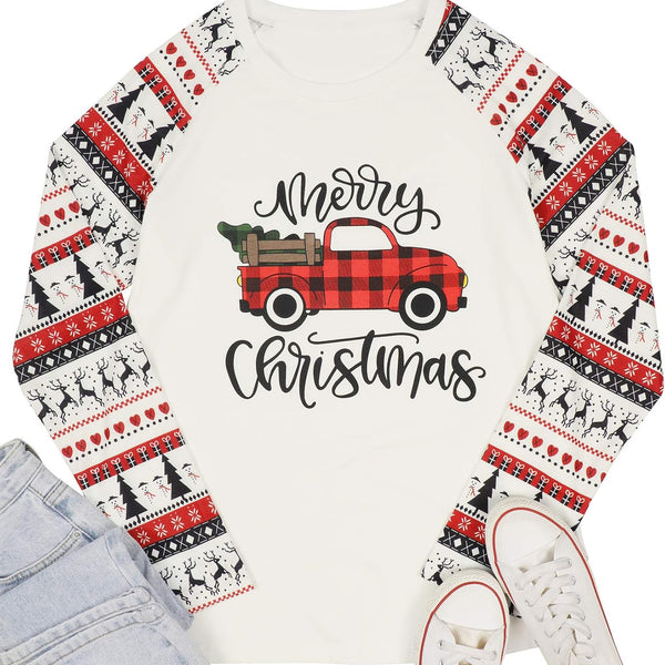 Merry Christmas Baseball Women'S Long Sleeve Raglan Shirt - Plaid Truck Tree Graphic Splicing Top (White-Red, Xx-Large)