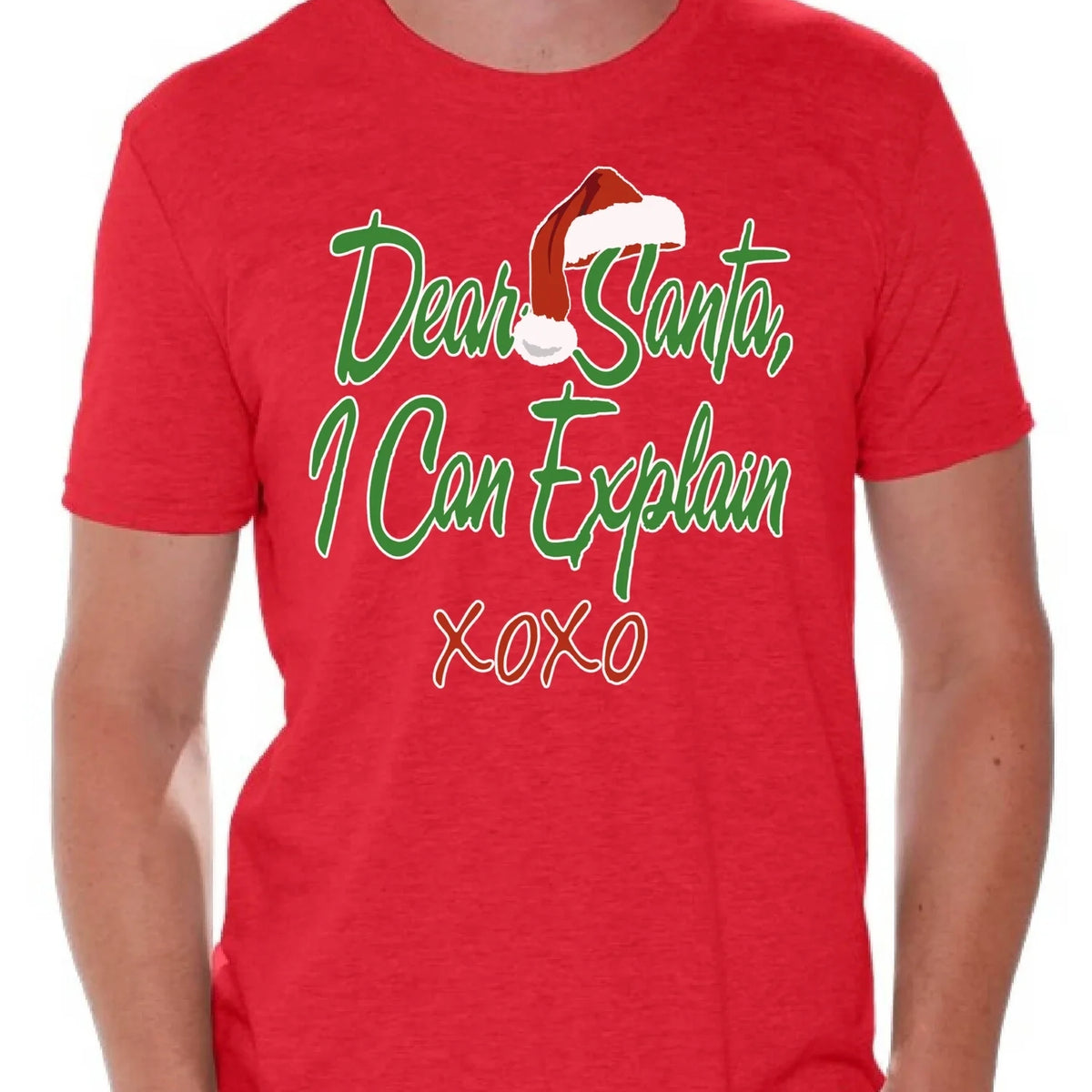 Dear Santa I Can Explain XOXO Christmas Shirt Santa Hat Christmas Tshirts for Men Ugly Christmas Shirt Funny Tacky Party Holiday Men'S Holiday Tee Xmas Santa XOXO Holiday Top