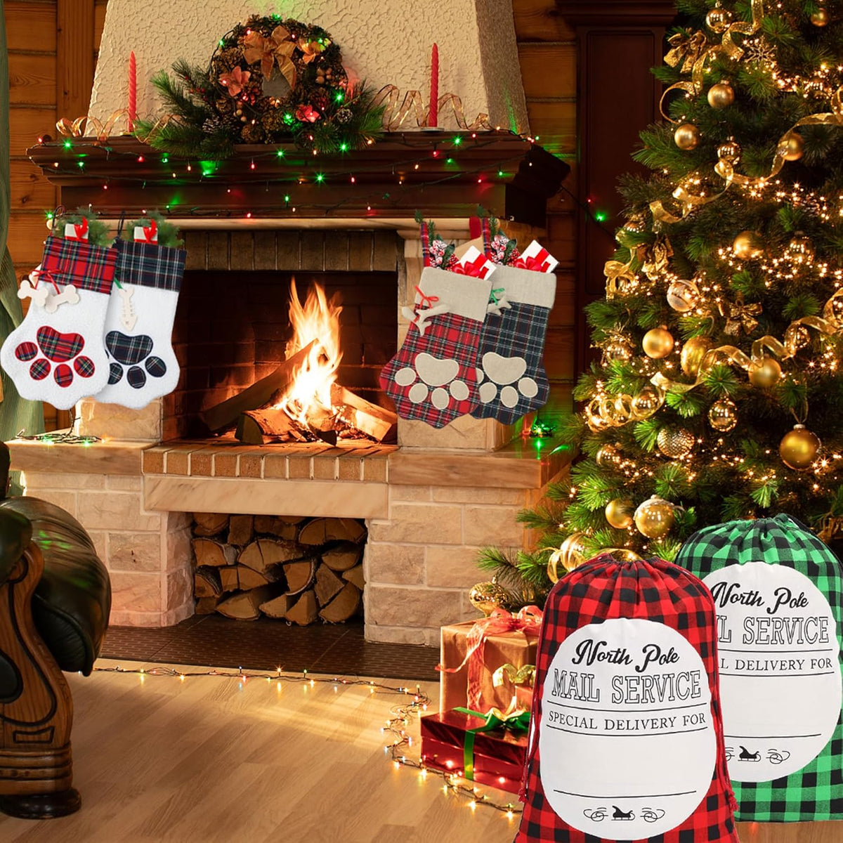 Christmas Pet Stockings Cat Dog Paw Dog Fish Bone Pattern Stockings Buffalo Plaid Fireplace Hanging Stockings for Fireplace Tree Decoration