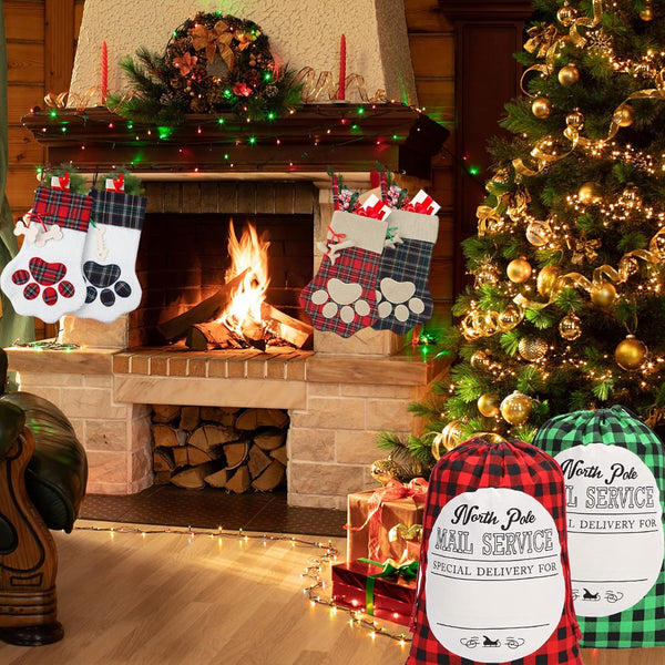 Christmas Pet Stockings Cat Dog Paw Dog Fish Bone Pattern Stockings Buffalo Plaid Fireplace Hanging Stockings for Fireplace Tree Decoration
