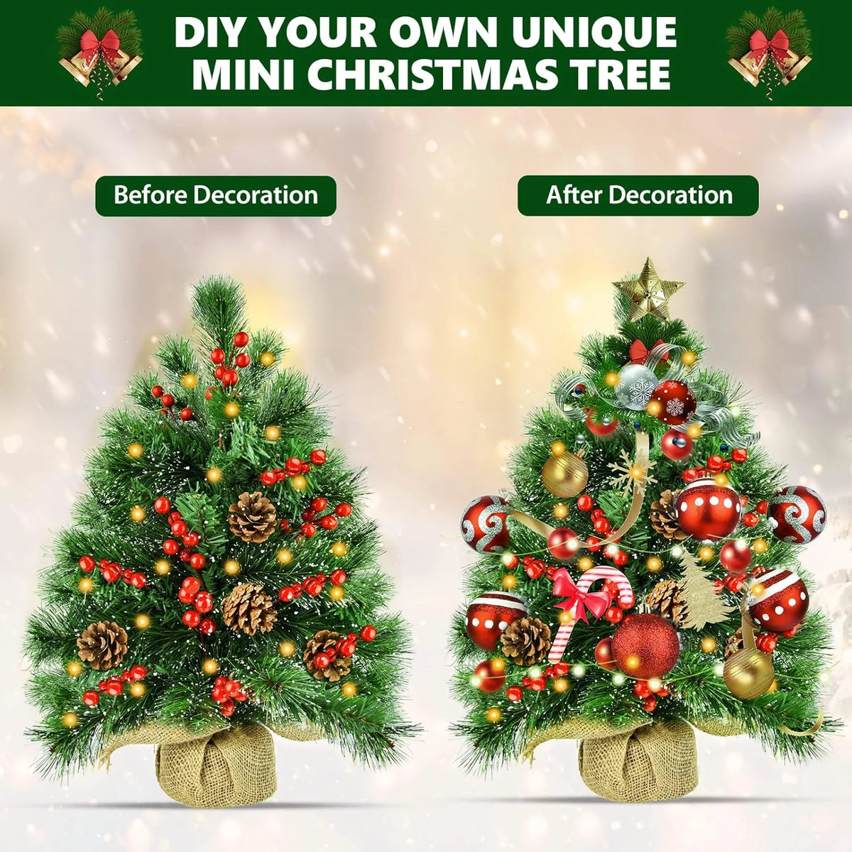 Mini Christmas Tree with Lights, 20Inch Table Top Miniature Christmas Trees Pre-Lit Artificial Mini Christmas Tree Spruce Desk Decoration with Miniature Pine Tree Pine Artificial Xmas Tree