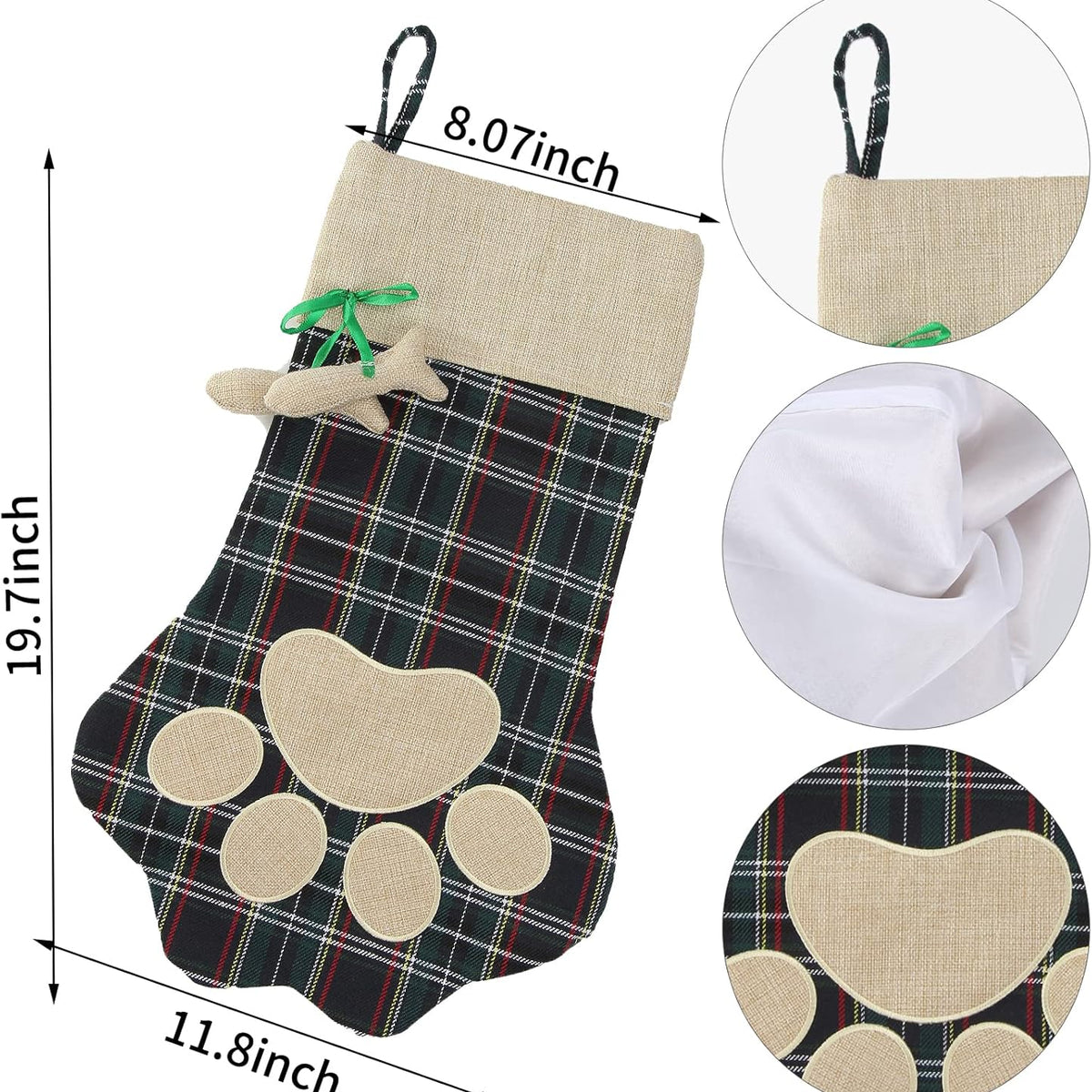 Christmas Pet Stockings Cat Dog Paw Dog Fish Bone Pattern Stockings Buffalo Plaid Fireplace Hanging Stockings for Fireplace Tree Decoration