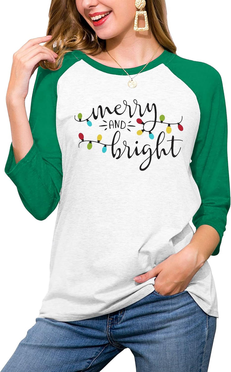 Christmas Tshirt Women Merry and Bright Shirt Letters Print Splicing 3/4 Sleeve Baseball Tshirt Blouse Tee Tops