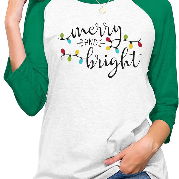 Christmas Tshirt Women Merry and Bright Shirt Letters Print Splicing 3/4 Sleeve Baseball Tshirt Blouse Tee Tops
