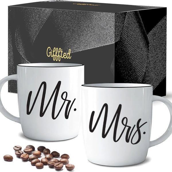 Triple  Mr and Mrs Coffee Mugs Couples Gifts Ideas for Christmas Wedding Anniversary Engagement Valentines His Hers Present,Husband Wife Him Her Men Women Bride Groom Newlyweds, Ceramic 380Ml