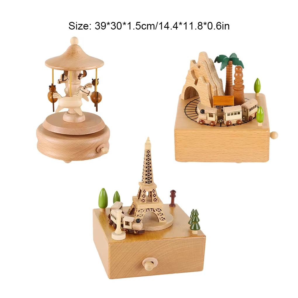 Wooden Carousel Music Box Ornaments Rotatable Hand-Cranked Music Box DIY Handmade Birthday Christmas Gift Children’S Toys