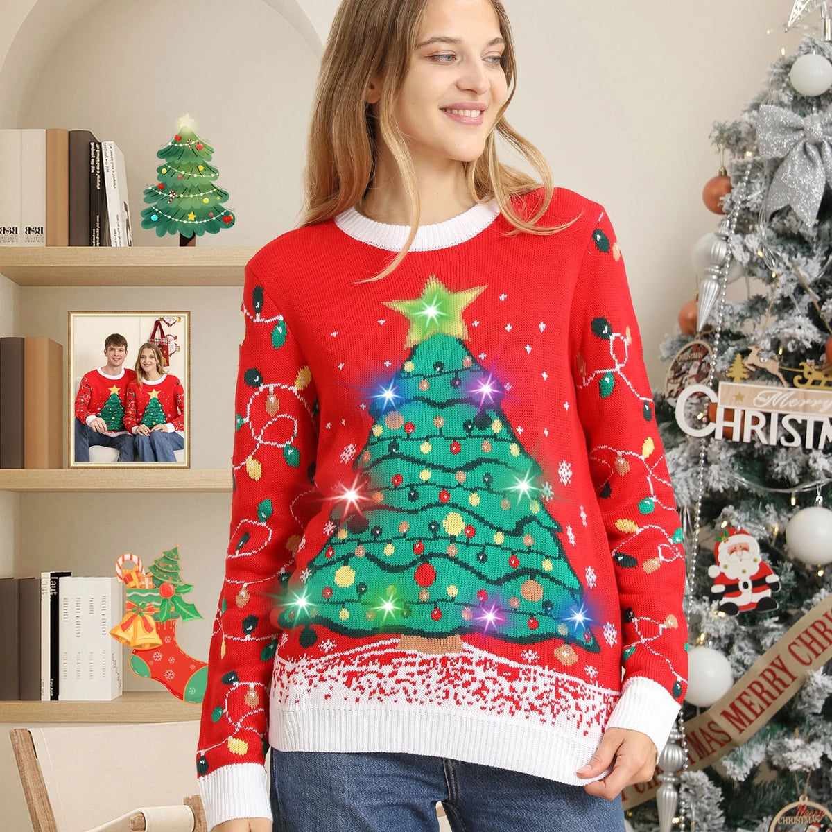 Ugly Christmas Sweaters for Women Men,Light up Christmas Sweater,Funny Christmas Tree Red Unisex Xmas Sweaters for Couples