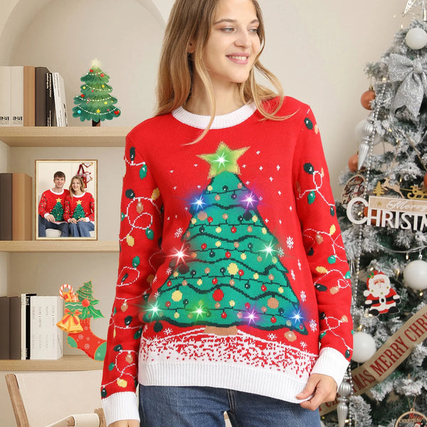 Ugly Christmas Sweaters for Women Men,Light up Christmas Sweater,Funny Christmas Tree Red Unisex Xmas Sweaters for Couples
