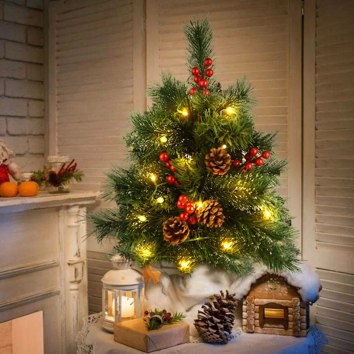 Mini Christmas Tree with Lights, 20Inch Table Top Miniature Christmas Trees Pre-Lit Artificial Mini Christmas Tree Spruce Desk Decoration with Miniature Pine Tree Pine Artificial Xmas Tree