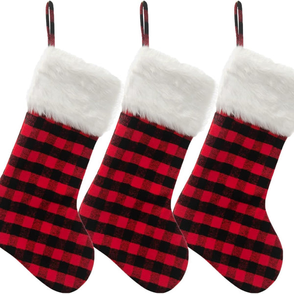3 Pack 20 Inch Buffalo Plaid Christmas Stockings with Snowy White Faux Fur Hanging Ornaments Black Red Plaid Candy Gift Bags Decorations
