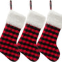 3 Pack 20 Inch Buffalo Plaid Christmas Stockings with Snowy White Faux Fur Hanging Ornaments Black Red Plaid Candy Gift Bags Decorations