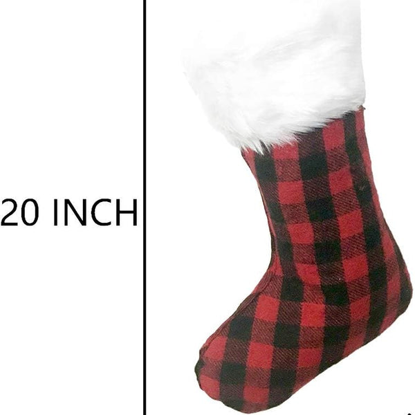 3 Pack 20 Inch Buffalo Plaid Christmas Stockings with Snowy White Faux Fur Hanging Ornaments Black Red Plaid Candy Gift Bags Decorations