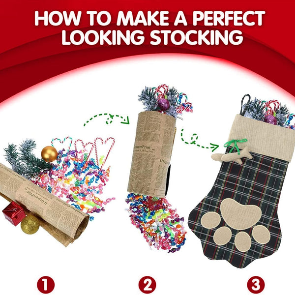 Christmas Pet Stockings Cat Dog Paw Dog Fish Bone Pattern Stockings Buffalo Plaid Fireplace Hanging Stockings for Fireplace Tree Decoration