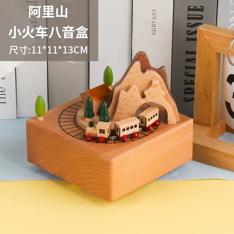 Wooden Carousel Music Box Ornaments Rotatable Hand-Cranked Music Box DIY Handmade Birthday Christmas Gift Children’S Toys