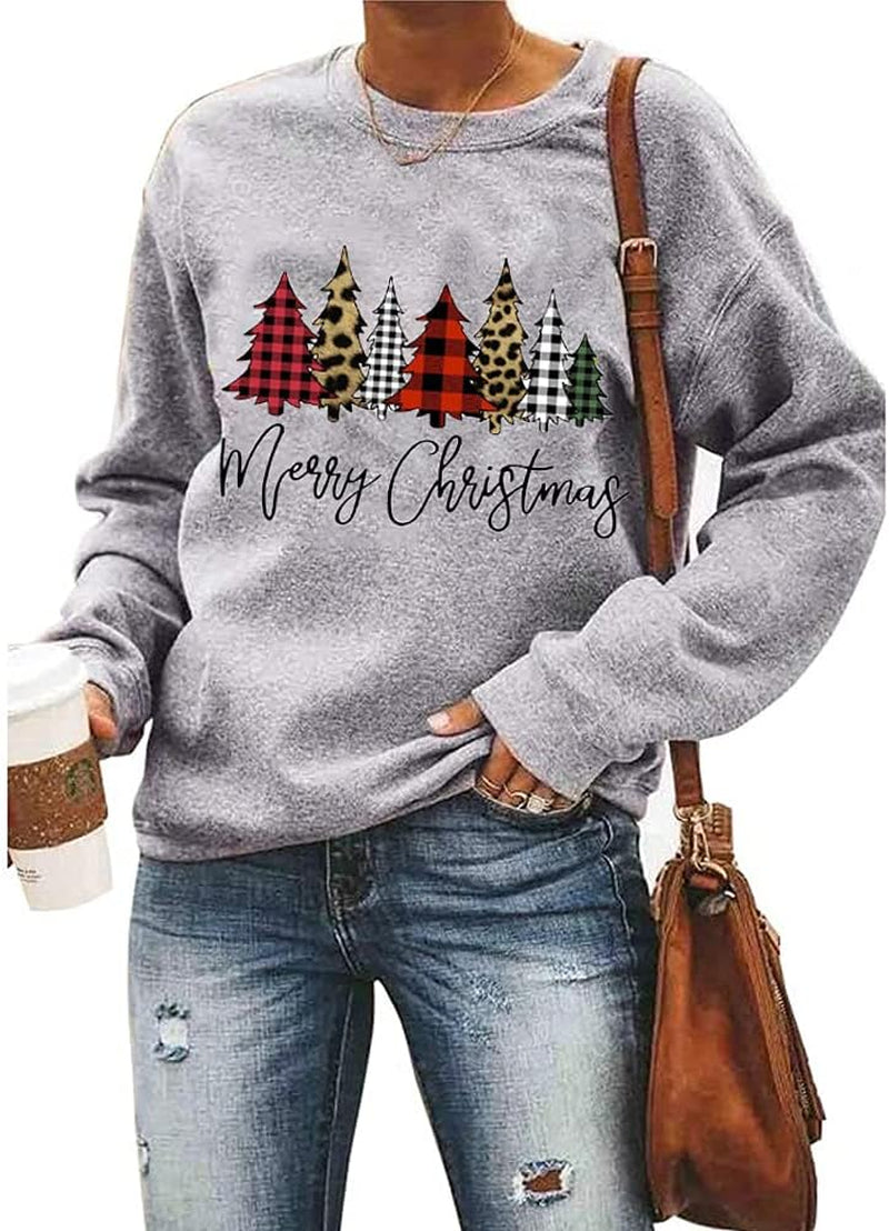 Women Merry Christmas Sweatshirts Funny Snowman Car Pullover Plaid Tree Tops