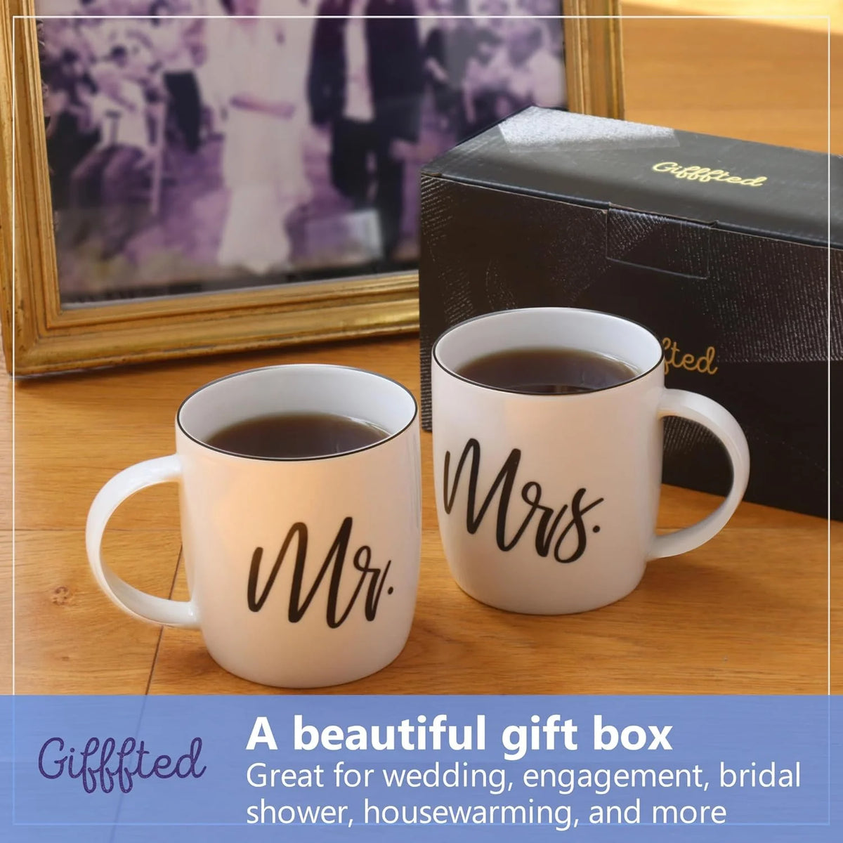 Triple  Mr and Mrs Coffee Mugs Couples Gifts Ideas for Christmas Wedding Anniversary Engagement Valentines His Hers Present,Husband Wife Him Her Men Women Bride Groom Newlyweds, Ceramic 380Ml