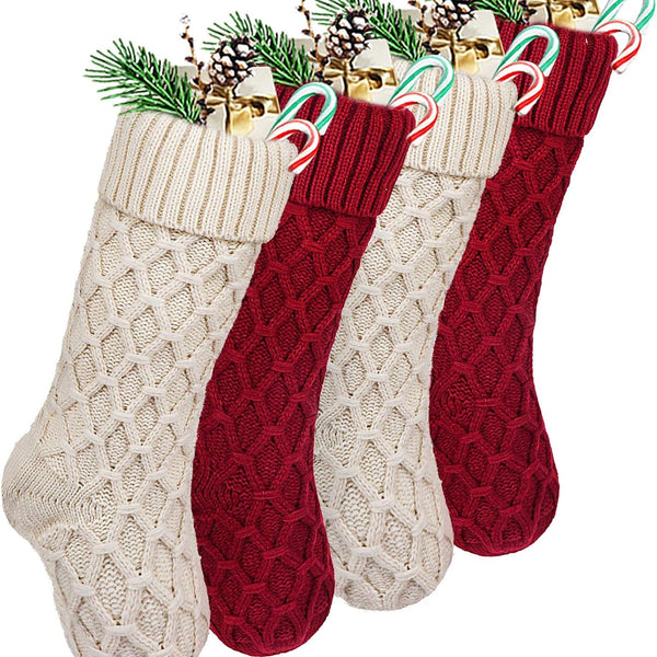 Christmas Stockings, 4 Pack 18 Inches Cable Knit Honeycomb Knitted Xmas Rustic Personalized Stocking Decorations for Family Holiday Season Decor, Burgundy and Cream
