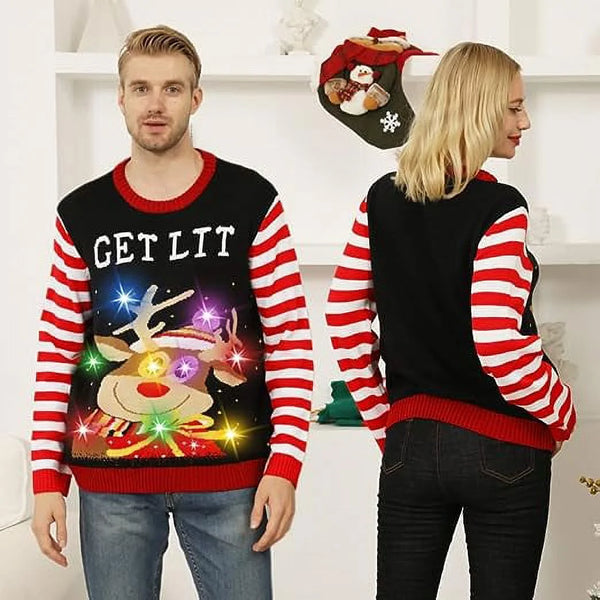 Unisex Light up Ugly Christmas Sweater,Knitted Ugly Sweater Christmas Pullover Crew Neck Sweaters with 9 Colorful Lights