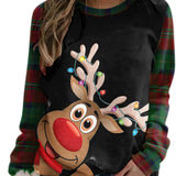 Christmas Women'S round Neck Long Sleeve Sweatshirt Plaid Print Cute Elk Casual Loose Blouse Pullover Tops Brown