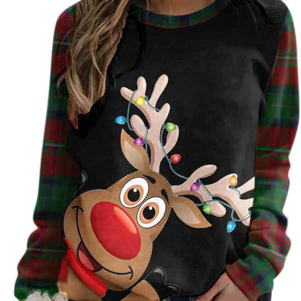 Christmas Women'S round Neck Long Sleeve Sweatshirt Plaid Print Cute Elk Casual Loose Blouse Pullover Tops Brown