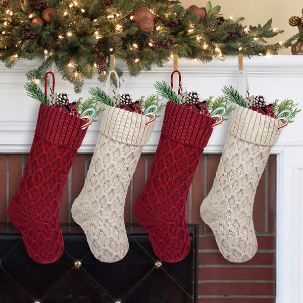 Christmas Stockings, 4 Pack 18 Inches Cable Knit Honeycomb Knitted Xmas Rustic Personalized Stocking Decorations for Family Holiday Season Decor, Burgundy and Cream