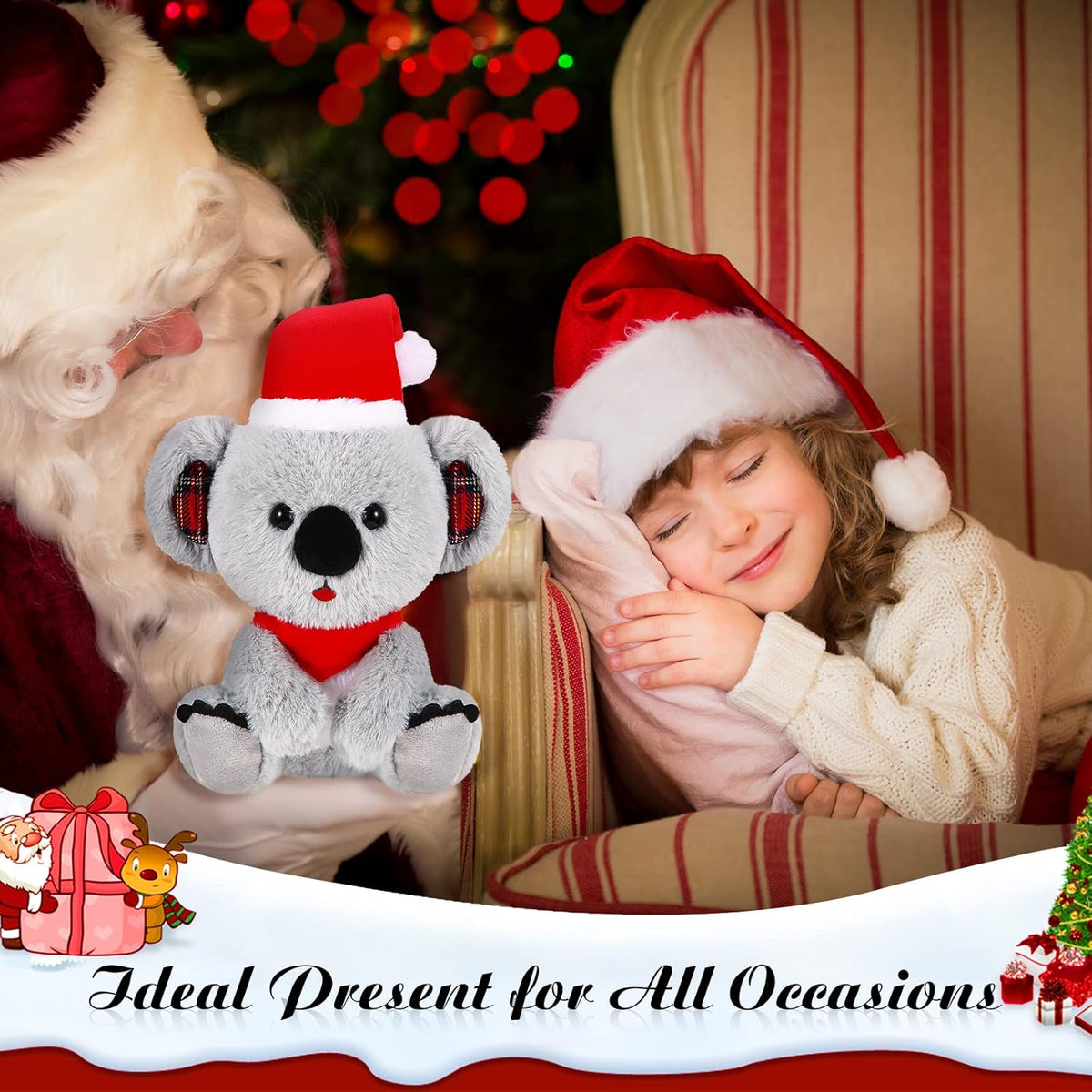 8 Inch Christmas Stuffed Animal Christmas Plush Doll with Santa Hat for Holiday Decoration Winter Gifts(Koalas Style)