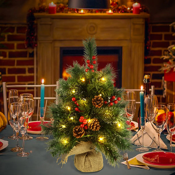 Mini Christmas Tree with Lights, 20Inch Table Top Miniature Christmas Trees Pre-Lit Artificial Mini Christmas Tree Spruce Desk Decoration with Miniature Pine Tree Pine Artificial Xmas Tree