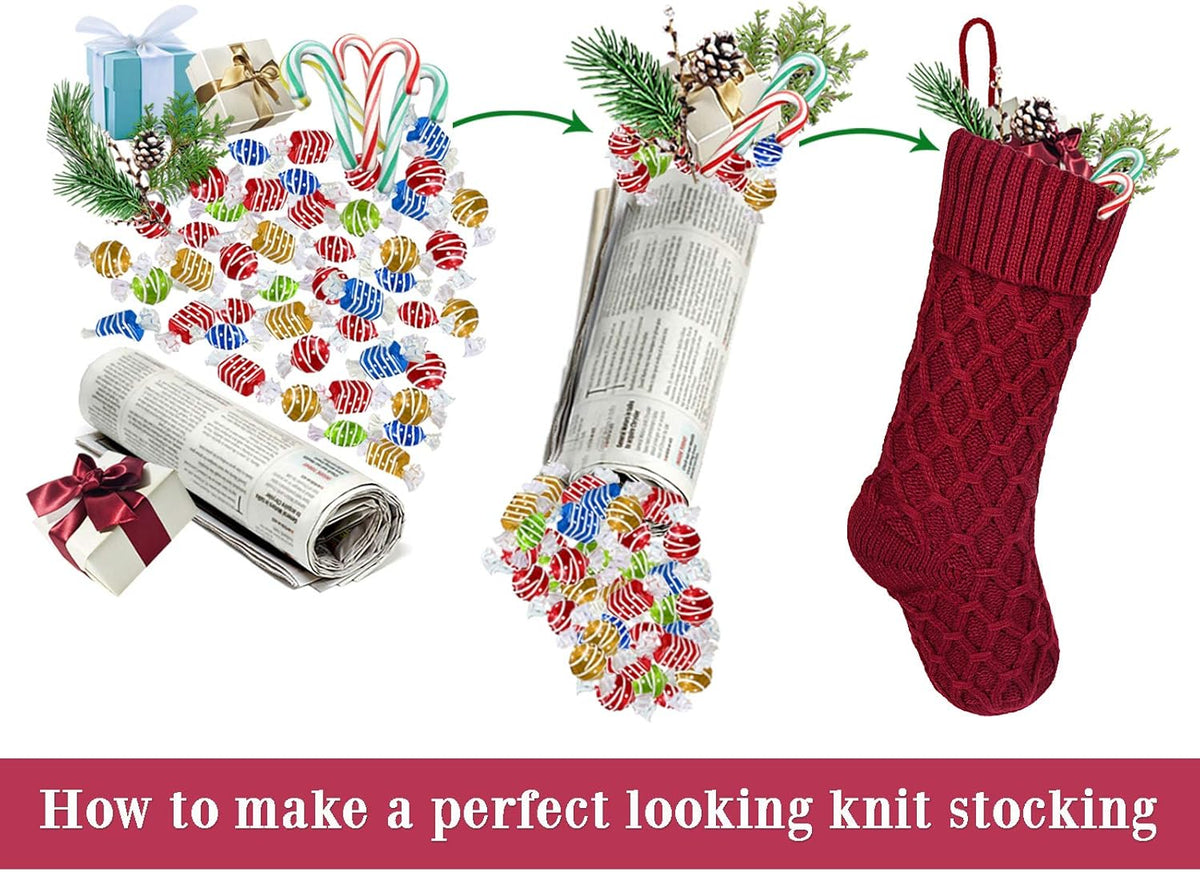 Christmas Stockings, 4 Pack 18 Inches Cable Knit Honeycomb Knitted Xmas Rustic Personalized Stocking Decorations for Family Holiday Season Decor, Burgundy and Cream