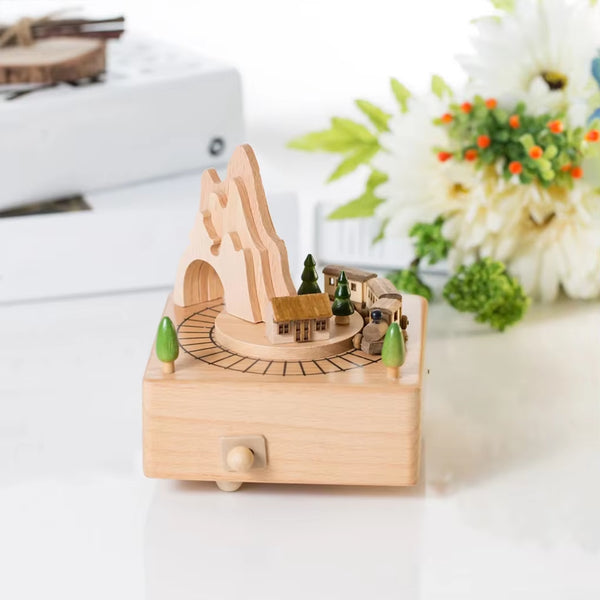 Wooden Carousel Music Box Ornaments Rotatable Hand-Cranked Music Box DIY Handmade Birthday Christmas Gift Children’S Toys