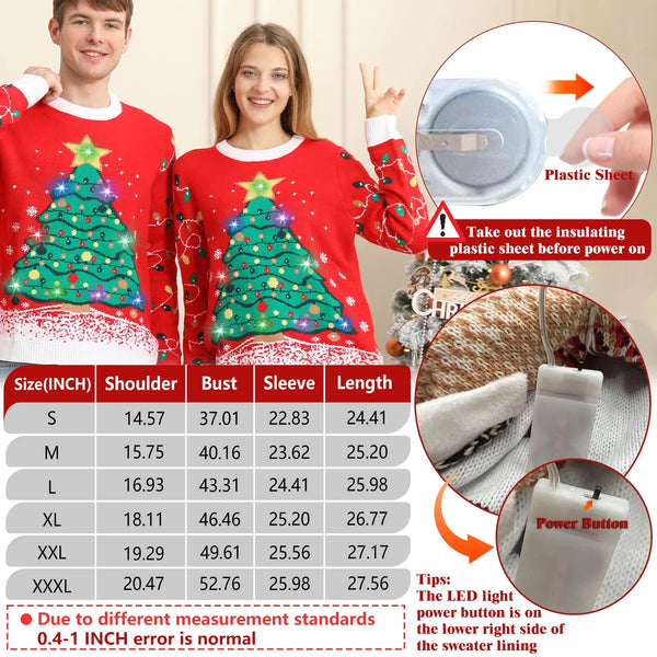 Ugly Christmas Sweaters for Women Men,Light up Christmas Sweater,Funny Christmas Tree Red Unisex Xmas Sweaters for Couples