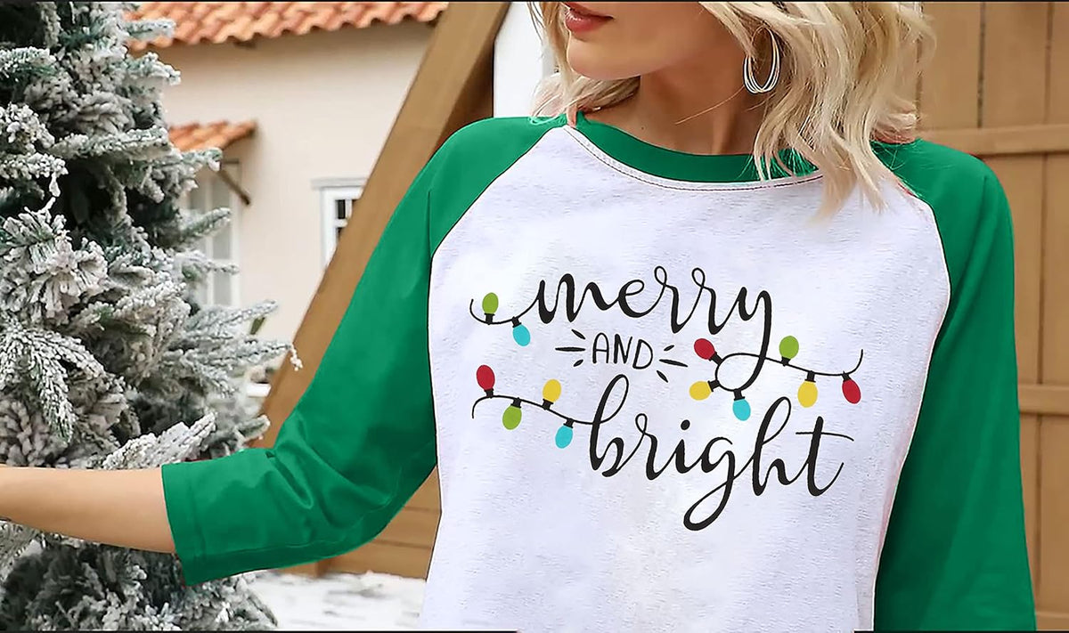 Christmas Tshirt Women Merry and Bright Shirt Letters Print Splicing 3/4 Sleeve Baseball Tshirt Blouse Tee Tops
