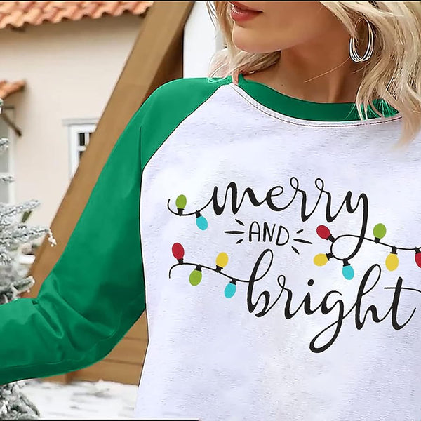 Christmas Tshirt Women Merry and Bright Shirt Letters Print Splicing 3/4 Sleeve Baseball Tshirt Blouse Tee Tops