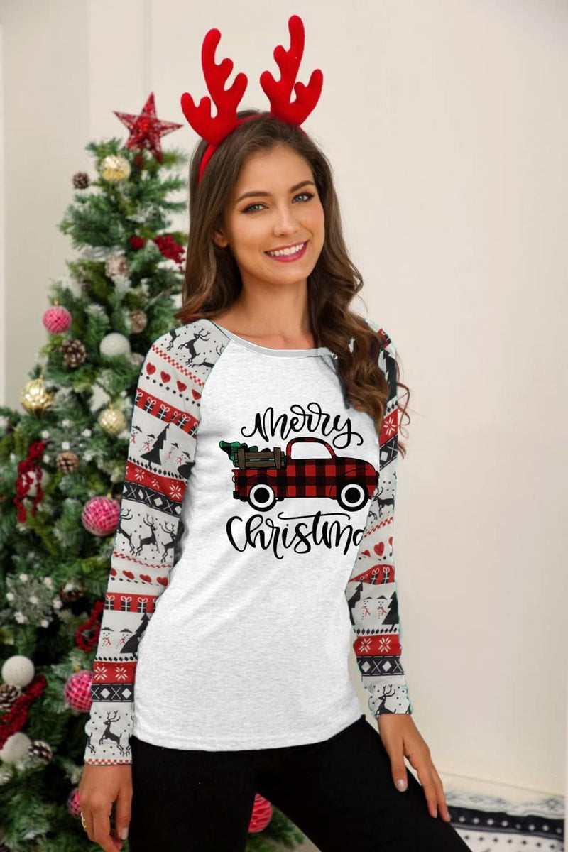 Merry Christmas Baseball Women'S Long Sleeve Raglan Shirt - Plaid Truck Tree Graphic Splicing Top (White-Red, Xx-Large)