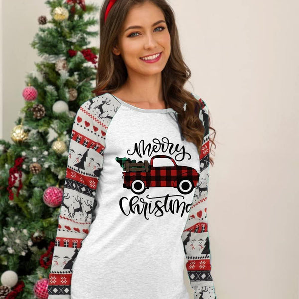 Merry Christmas Baseball Women'S Long Sleeve Raglan Shirt - Plaid Truck Tree Graphic Splicing Top (White-Red, Xx-Large)