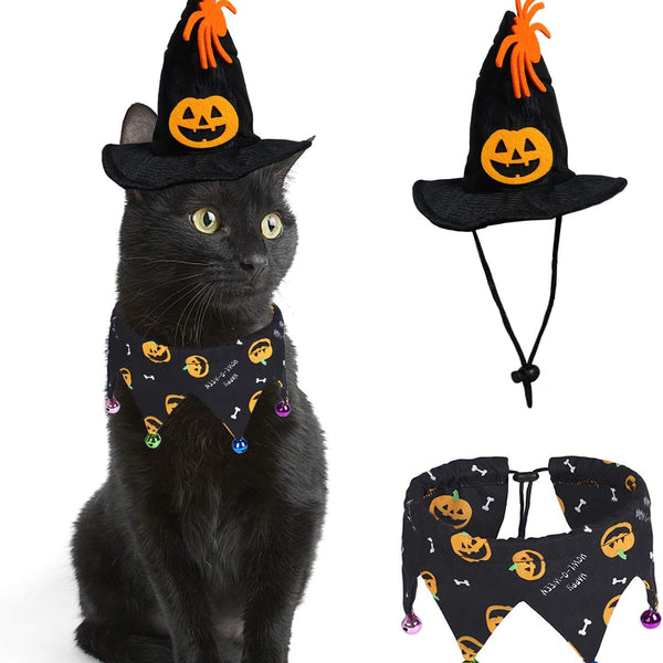 Cat Halloween Costume Halloween Cat Collar with Bells and Halloweens Pumpkin Hat Cats Costume Suit for Cats and Small Dogs