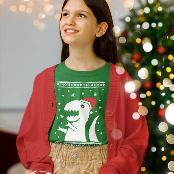 Big Trex Santa Ugly Christmas Dinosaur Sweater Style Kids T-Shirt