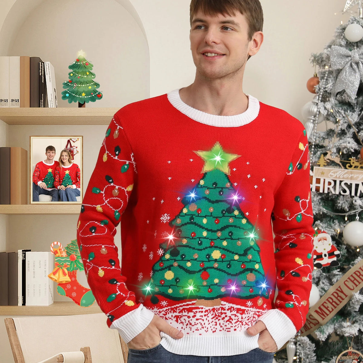 Ugly Christmas Sweaters for Women Men,Light up Christmas Sweater,Funny Christmas Tree Red Unisex Xmas Sweaters for Couples