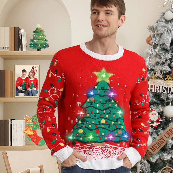 Ugly Christmas Sweaters for Women Men,Light up Christmas Sweater,Funny Christmas Tree Red Unisex Xmas Sweaters for Couples
