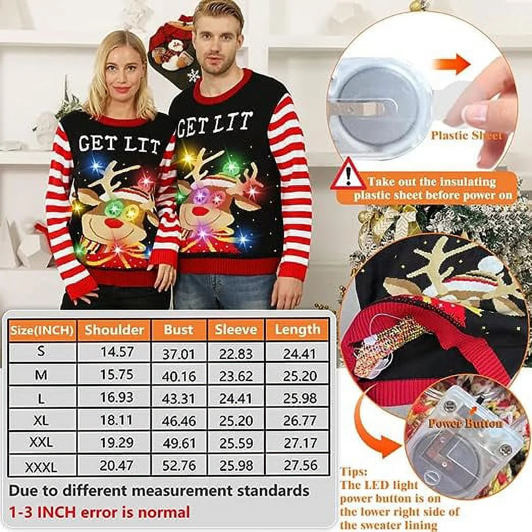 Unisex Light up Ugly Christmas Sweater,Knitted Ugly Sweater Christmas Pullover Crew Neck Sweaters with 9 Colorful Lights