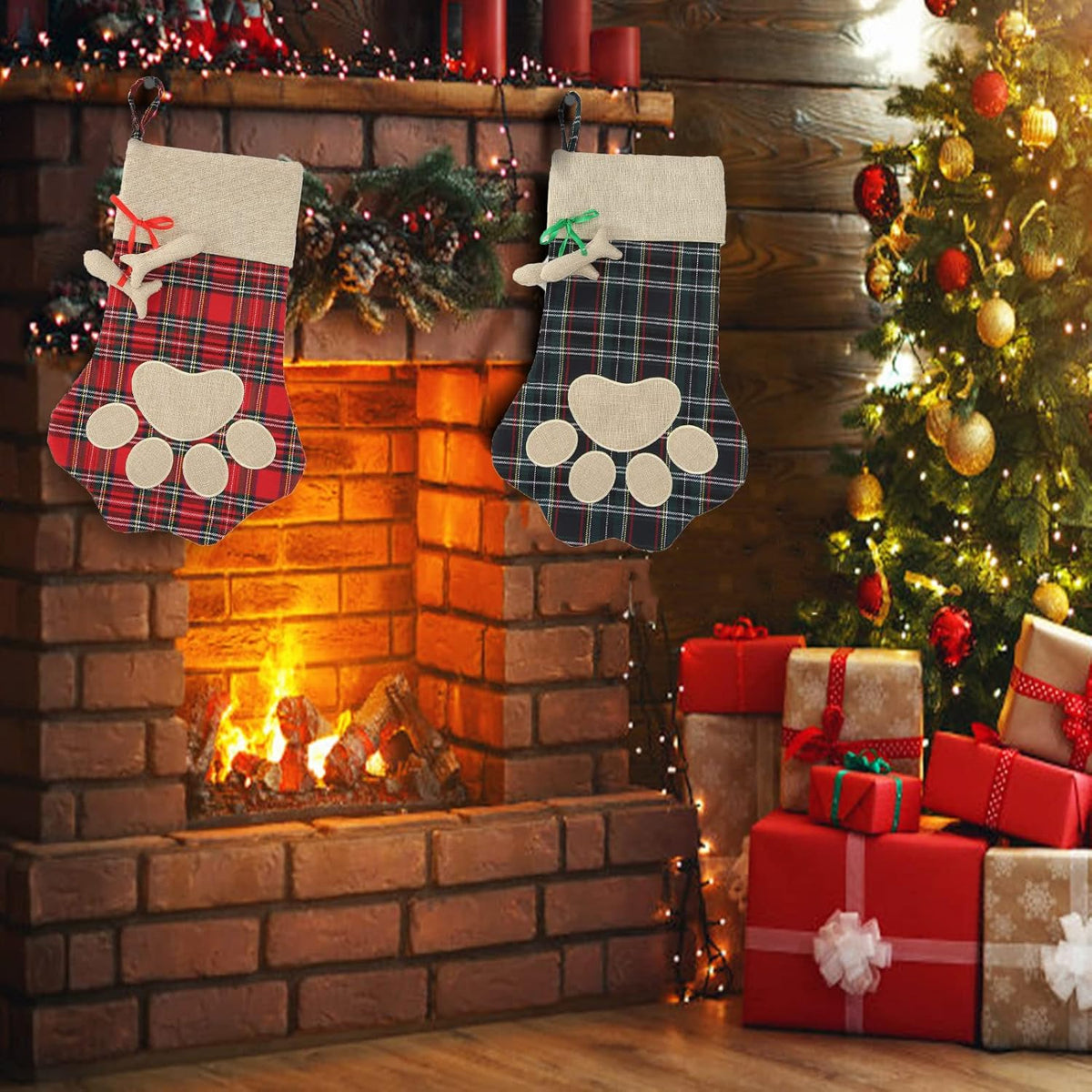 Christmas Pet Stockings Cat Dog Paw Dog Fish Bone Pattern Stockings Buffalo Plaid Fireplace Hanging Stockings for Fireplace Tree Decoration