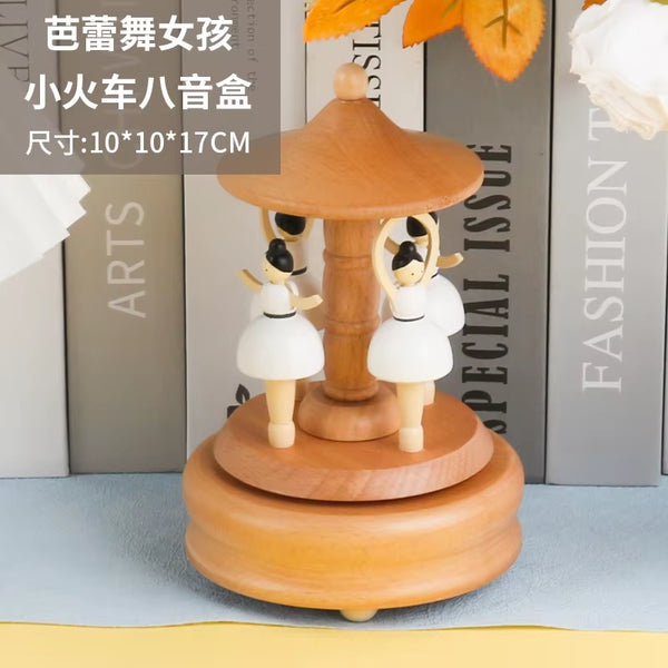 Wooden Carousel Music Box Ornaments Rotatable Hand-Cranked Music Box DIY Handmade Birthday Christmas Gift Children’S Toys