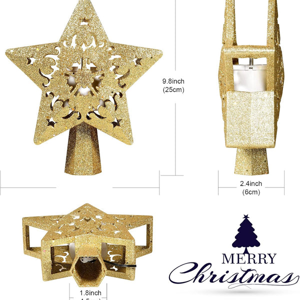 Christmas Tree Topper Lighted with Star Projector, LED Rotating 3D Glitter Tree Topper for Christmas Tree, Christmas Decorations Lights (Golden)