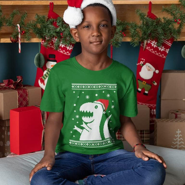Big Trex Santa Ugly Christmas Dinosaur Sweater Style Kids T-Shirt