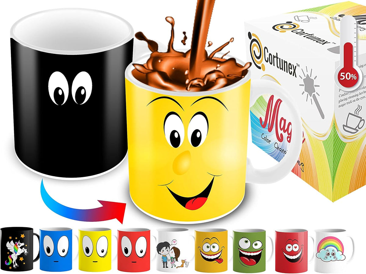 Color Changing Coffee Mug - 11 Ounce Heat Sensitive Mug for Cartoon Lovers with a Funny Yellow Smiley Face - Unique Heat Changing Mug - Ceramic Coffee Tea Cup with Fun Gift Box