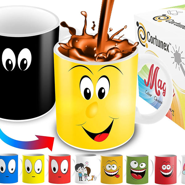 Color Changing Coffee Mug - 11 Ounce Heat Sensitive Mug for Cartoon Lovers with a Funny Yellow Smiley Face - Unique Heat Changing Mug - Ceramic Coffee Tea Cup with Fun Gift Box
