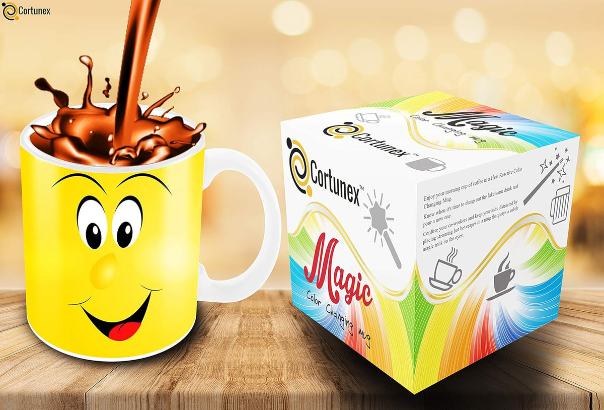 Color Changing Coffee Mug - 11 Ounce Heat Sensitive Mug for Cartoon Lovers with a Funny Yellow Smiley Face - Unique Heat Changing Mug - Ceramic Coffee Tea Cup with Fun Gift Box