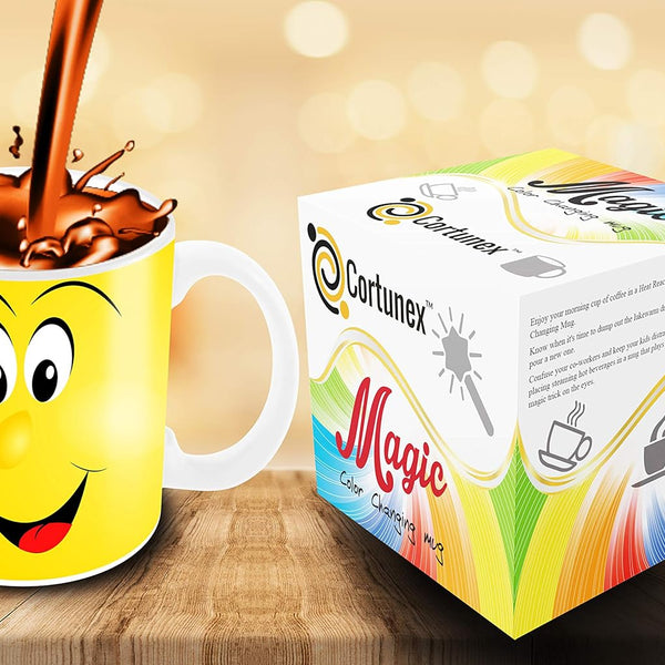Color Changing Coffee Mug - 11 Ounce Heat Sensitive Mug for Cartoon Lovers with a Funny Yellow Smiley Face - Unique Heat Changing Mug - Ceramic Coffee Tea Cup with Fun Gift Box
