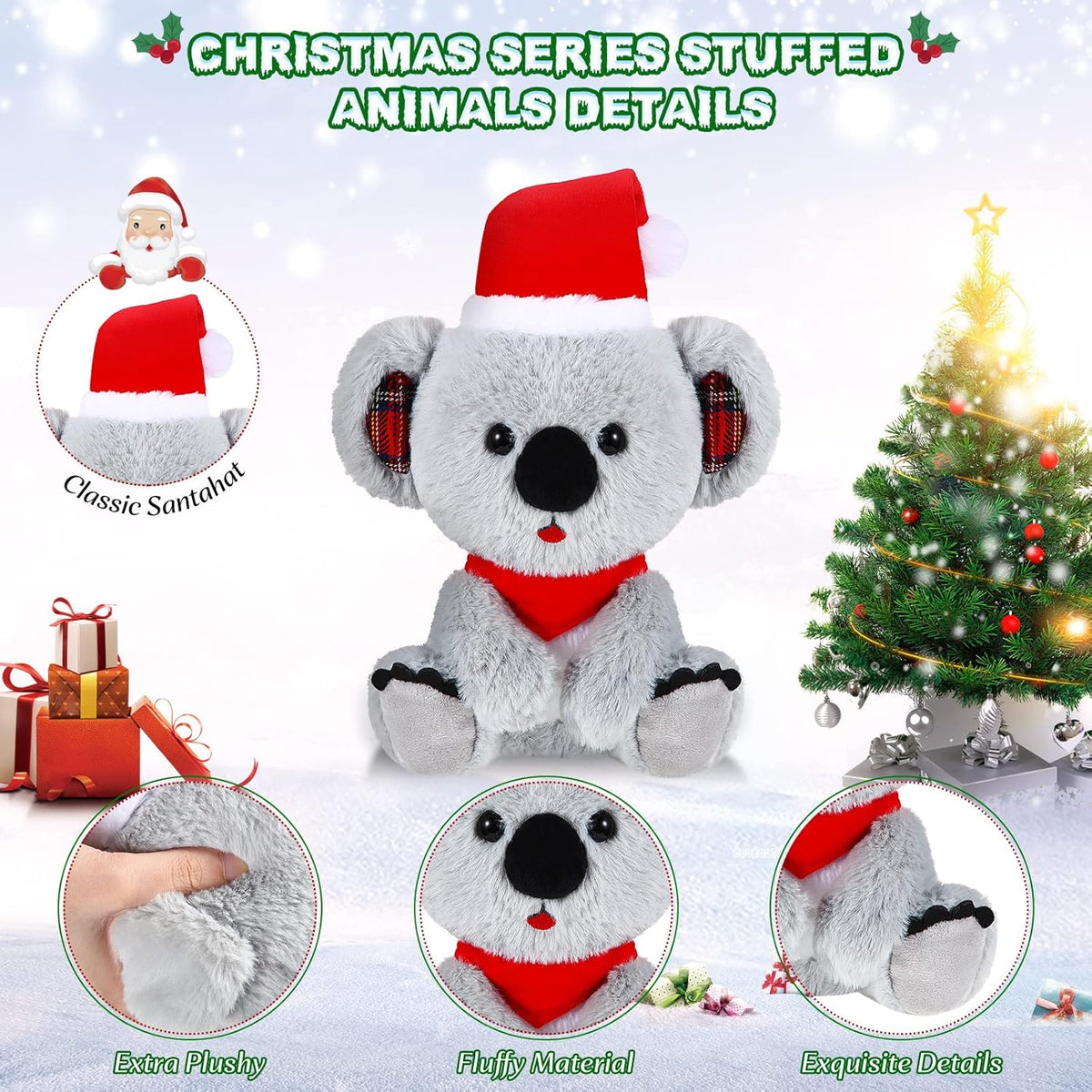 8 Inch Christmas Stuffed Animal Christmas Plush Doll with Santa Hat for Holiday Decoration Winter Gifts(Koalas Style)