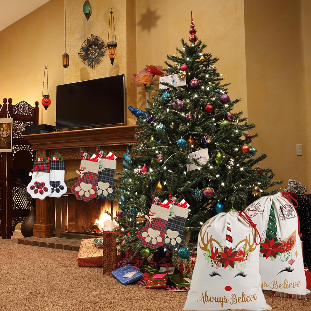 Christmas Pet Stockings Cat Dog Paw Dog Fish Bone Pattern Stockings Buffalo Plaid Fireplace Hanging Stockings for Fireplace Tree Decoration