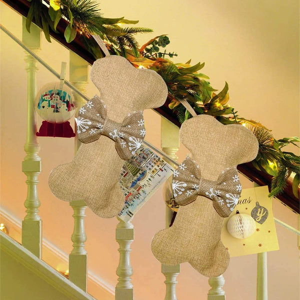 Dog Bone Christmas Stockings 16 Inch Large Line Pet Christmas Stockings with Bowknot Burlap Fireplace Hanging Stockings Gift Bags for Christmas Decorations